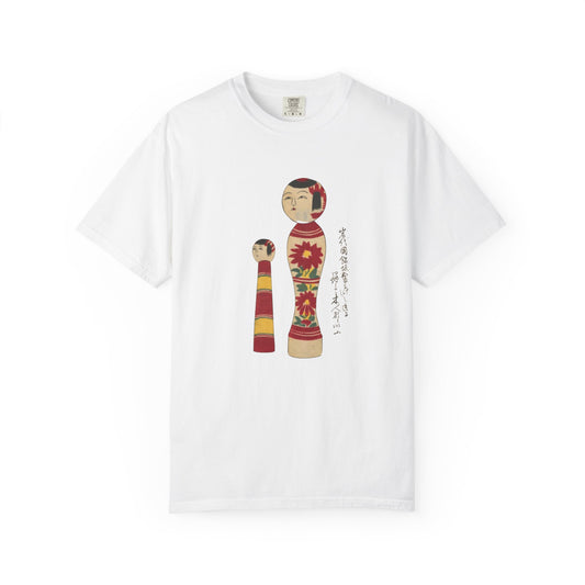 Garment-Dyed T-Shirt with Kokeshi Doll Design | Vintage Style Tee for Art Lovers, Gift for Collectors, Casual Wear, Unisex Fashion
